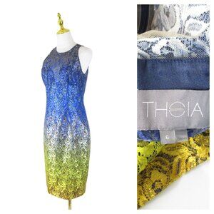 Theia Blue Yellow Metallic Ombre Floral Lace Sleeveless Sheath Dress 6 Formal